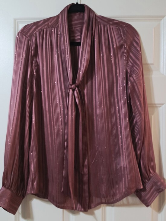 Express Tops - Express Metallic Striped Tie-Neck Blouse in Dusty Rose Size M